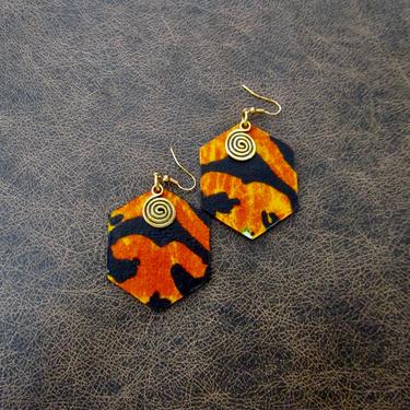 African print earrings, Ankara earrings, wood earrings, bold statement earrings, Afrocentric batik earrings, orange fabric earrings 