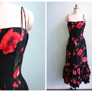 Vintage 1950's Red Wildflower Gown | Size Extra Small 