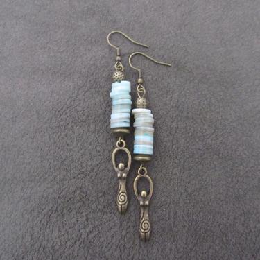 Goddess shell earrings, light blue, unique modern earrings, stacked sea shell earrings, statement earrings, bold bronze earrings, boho chic 