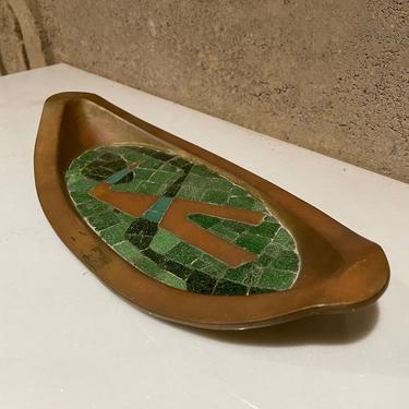 SALVADOR TERAN Brass Jade Green Stone Glass Tile Tray Mosaic Wall Art 1960s Mexico 
