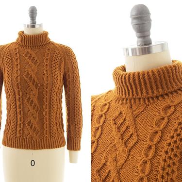 Vintage 1970s Sweater | 70s Burnt Mustard Cable Knit Turtleneck Long Sleeve Pullover Winter Ski Top (x-small/small) 