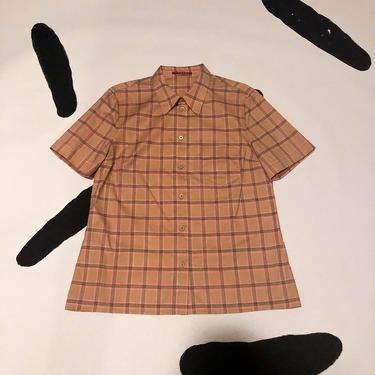 90s y2k Prada Checked Button Down Shirt / Red Label / Pink and Tan / Abstract Plaid / Miu Miu / US 12 / Brushed Cotton / Large / 