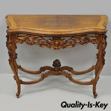 Antique French Louis XV Style Carved Walnut Banded Top Small Console Hall Table