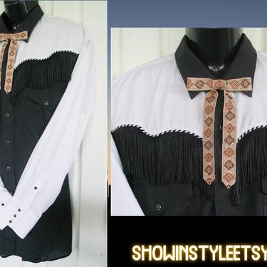 Karman Silver Collection, Vintage Western Men's Cowboy and Rodeo Shirt, Black & White with Fringe, Approx. XLarge (see meas. photo) 