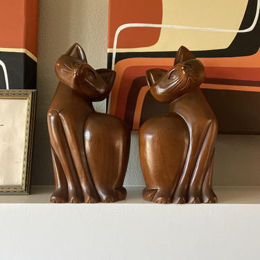 Pair of Vintage 1960s Mid Century Large  Hand Carved Wood Cats Teak Cat Figures 