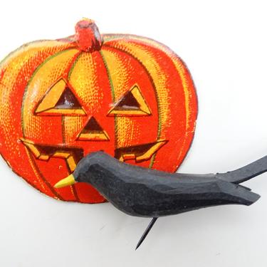 Antique Small German Halloween Die Cut Embossed Jack-o-lantern & Hand Carved Black Raven Crow, Vintage Party Decor 