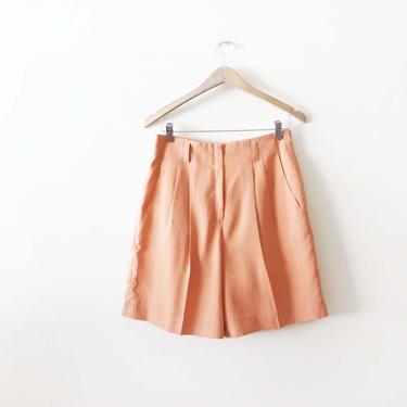 Vintage 90s Shorts M - 1990s Orange Peach Pastel Shorts - High Waist Pleated Shorts - Long Vintage Shorts - Womens Shorts 