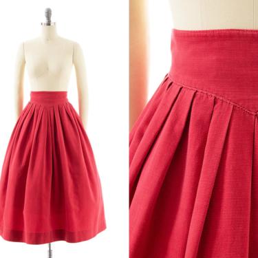Vintage 1950s Skirt | 50s Pink Corduroy High Wide Waist Pleated Full Swing Midi Skirt (small) 