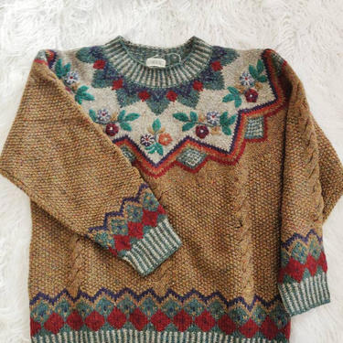 Vintage 80s Hand-Knit Wool Sweater // Merona Fair Isle Pattern // Floral Earth Tones Cable Knit by GemVintageMN