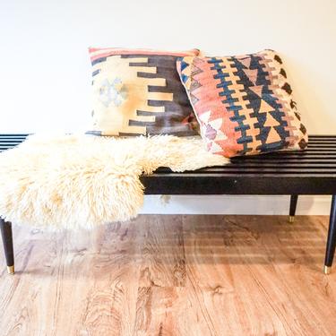 Gorgeous Vintage Scandinavian Black Slatted Bench / Coffee Table with Original Brass Feet and Cushions 