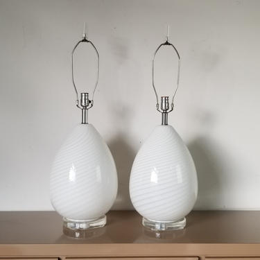 Italian Vetri &quot;Eggs &quot; Shape White Swirl Murano Glass Table Lamps - a Pair 