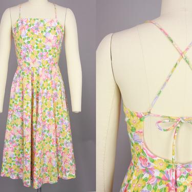 1970s LANZ Sundress | Vintage 70s Floral Backless Cotton Dress | xs / s 