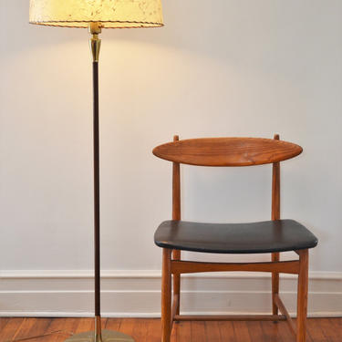 Vintage Mid Century Brass and Walnut Floor Lamp with Opal Glass Reflector Shade 