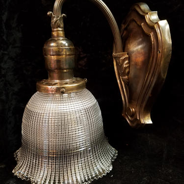 Brass Sconce with Holophane Shade. 5.5W x 8.5T