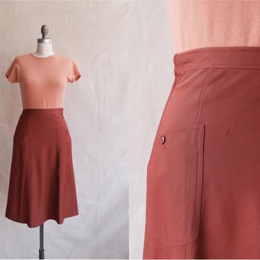 Vintage 70s Cacharel Gabardine Rust Skirt/ 1970s High Waisted A Line Skirt with Pockets/ Size XS 24 