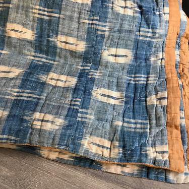 19th C French Ikat Quilt, Indigo, Homespun Linen, Historical French Textiles, French Farmhouse, Restoration Project 