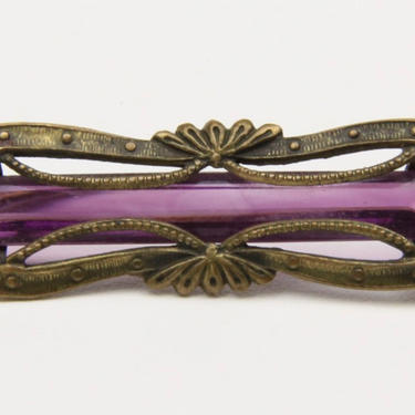 Vintage Art Nouveau Purple Amethyst Glass Bar Pin Brooch Bronze Long Ornate 
