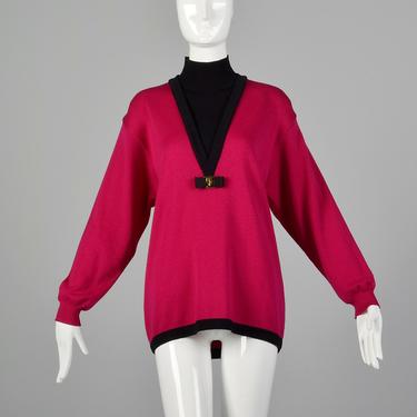XL Ferragamo Pink Sweater 1990s Designer Turtleneck Magenta Black Ferragamo Bow 