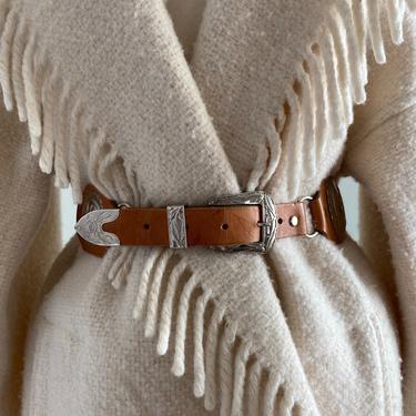 Vintage Western Tan Leather Silver Concho Belt / SM