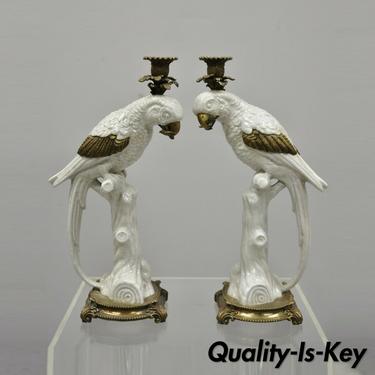 Pair of Porcelain &amp; Bronze French Style White Parrot Candlestick Candle Holders