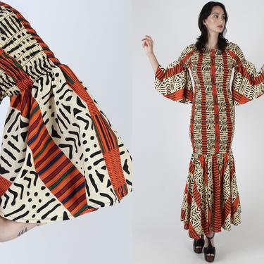 80s African Tribal Dress / Smocked Chest Patchwork Dress / 1980s Ethnic Print Angel Kimono Sleeves / Vintage Wiggle Jungle Party Maxi Dress 