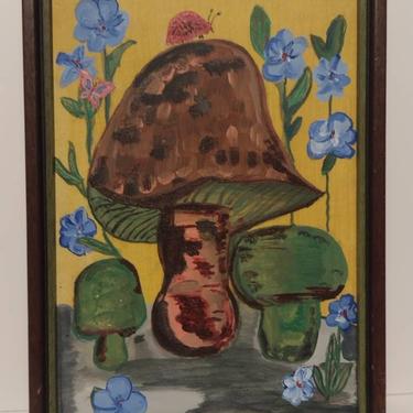 Vintage Glenna Moses Bailey Folk Art Mixed Media Oil Painting &amp;quot;Mushrooms for Hope&amp;quot; Magic Mushroom Art 11x15 