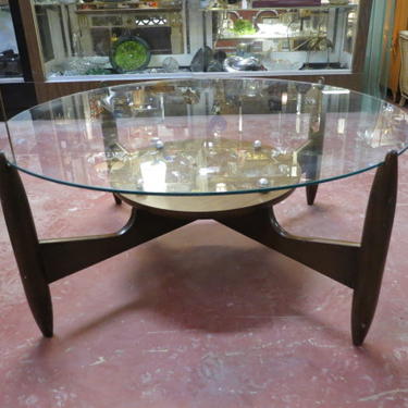 Vintage MCM round glass top walnut coffee table