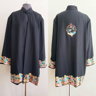 Vintage Black Mandarin Tunic with Colorful Embroidery / Chinese Jacket Blazer Bird Trees Gold Metallic / Plus Size / Hasna 
