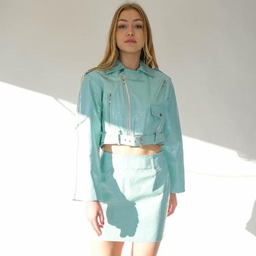 Vintage 90s KENAR Baby Blue Crinkled Leather Cropped Motorcycle Jacket & Mini Skirt Set | Made in USA | 1990s Designer Leather Two Piece Set 