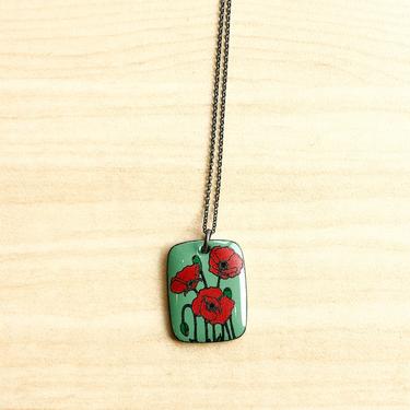 Teal Enamel Pendant with Red Poppies