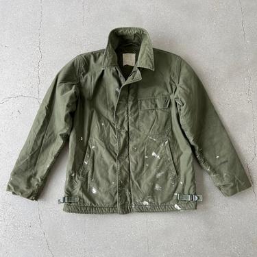 Vintage 1970s USN A-2 Cold Weather Jacket | Military Green Army Coat | M 38-40 | Paint Duty Splatter 