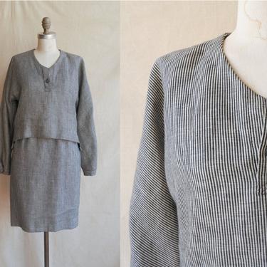 Vintage 90s Geoffrey Beene Striped Linen Set/ 1990s Striped Top and Skirt Suit/ Size Small 