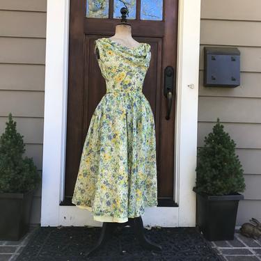 1950s Floral Dress, Mid Century Cocktail Dress, Summer Spring Garden Party, Vintage Bridesmaid Dress 