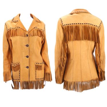 40s buckskin leather western fringe jacket M  / vintage 1940s tailored pin up cowgirl tan fringed jacket 50s 8-10 
