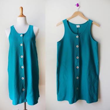 Vintage 90s Teal Cotton Knit Button Front Swing Dress Small 
