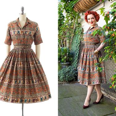 Vintage 1950s Shirt Dress | 50s Animal Striped Novelty Print Shirtwaist Fit and Flare Day Dress (x-small) 