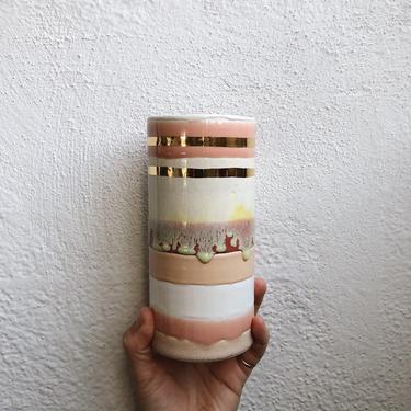 Sunset Striped Ceramic Cylinder Vase with Gold. The Object Enthusiast. Handmade painted, multi colored striped vase with gold. Ceramics. 