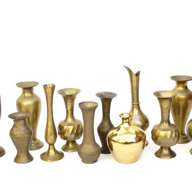 Assorted Vintage Brass Bud Vases • Set of 12 • Instant Collection | Wedding Decor | Boho Chic Centerpiece | Glam Gold Bud Vases 