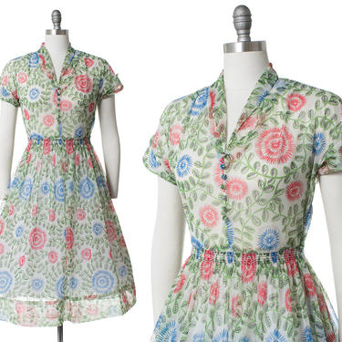 Vintage 1950s Dress | 50s Sheer Floral Printed Chiffon Day Dress (small/medium) 