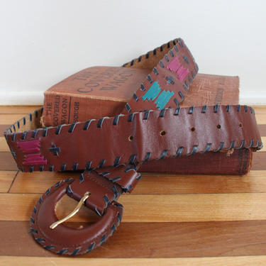 Vintage Brown Genuine Leather Stitched Western Women's Belt 