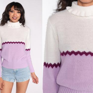 Purple Striped Sweater 70s Sweater Knit Pullover Mock Neck Sweater Lavender 80s Bohemian Hippie Vintage Small 
