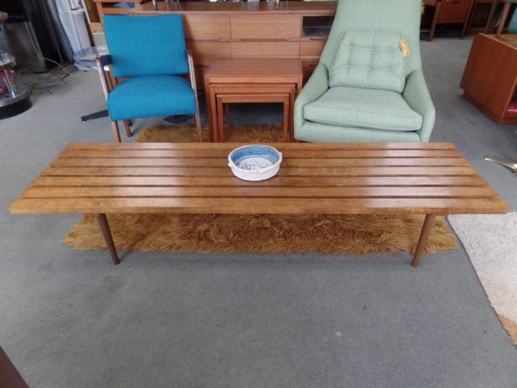 Mid-Century Modern walnut slat bench / coffee table