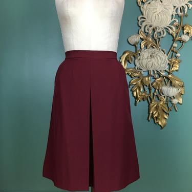 1970s a-line skirt, burgundy polyester, vintage 70s skirt, secretary style, high waist skirt, front pleat, Koret of California, retro, wine 