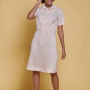pintuck shirt dress pale pink floral print short sleeves vintage 60s MEDIUM M 