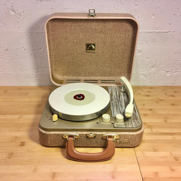 Restored 1957 RCA Portable Record Player, Brown Tweed Suitcase, 4 speed, Fully Serviced 