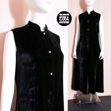Insane Vintage 70s Black Crushed Velvet Sleeveless Jumpsuit with Rhinestone Buttons 