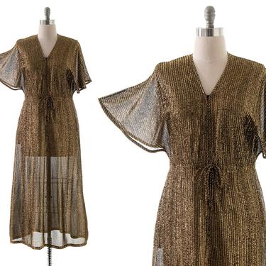 Vintage 1970s Maxi Dress | 70s Metallic Gold Lurex Angel Sleeve Zip Front Full Length Party Dress (large/x-large) 