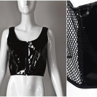 vtg 90s The Icing black vinyl zip up fishnet back crop top | Y2K 1990s zipper mesh cropped sleeveless | size Medium M | rave party festival 