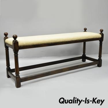 Vintage Oak Wood Jacobean Style 48" Long Upholstered Window End of Bed Bench