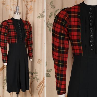 1930s Dress - Gorgeous Vintage Mid 30s Juniors Dress in Black Wool with Red and Yellow Plaid 